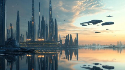 Obraz premium Futuristic Cityscape at Sunset: A Digital Painting of a Modern Metropolis with Flying Vehicles