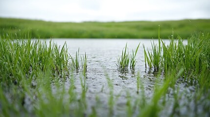 Obraz premium Green grass blades grow out of a calm pond in a flooded meadow during a cloudy day.