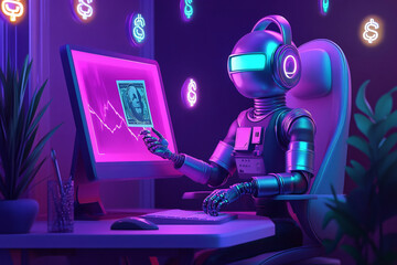 Neon Robot Technology: AI and Finance Investment on Desktop with Luminous Data Analytics