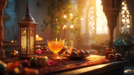 Golden lantern and drink in a mystical, ornate room.