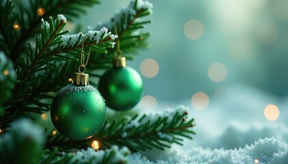 Emerald gemstones adorned on evergreen branches, festive decor, ornamentation, winter wonderland