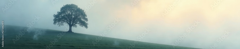 Poster ethereal wisps of fog curl around a solitary tree, trees, subtle