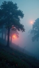 Obraz premium Ethereal misty landscape with glowing trees and shimmering lights, mystical, backdrop