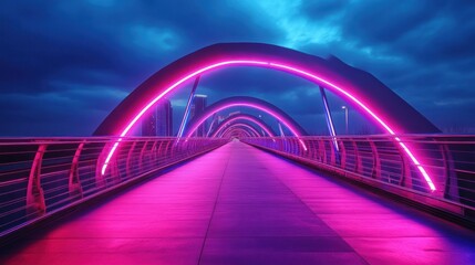 Obraz premium Neon Nightscape: A Vibrant Bridge at Dusk