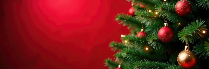 Obraz premium Evergreen Christmas tree with ornaments on red background and soft light, mistletoe, snowflakes, Christmas decorations