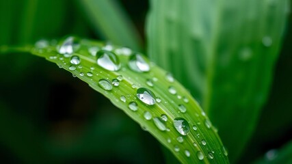 Naklejka premium Close-up of a vibrant green leaf covered in sparkling water droplets, eco-friendly, moisture, freshness