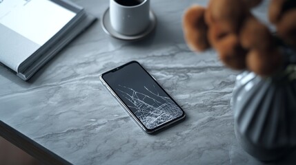 A smartphone on a desk with a broken screen. Featuring digital overload