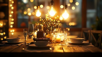 Fototapeta premium A heartfelt Sunday family dinner, a grandmother’s famous soup being served in delicate ceramic bowls, a rustic dining room with wooden accents, warm golden glow from hanging lights,