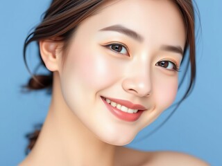Obraz premium Close up portrait of beautiful Korean woman with healthy smile and clear facial skin on blue background, blue background, portrait, beauty