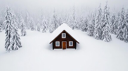 Naklejka premium A cozy wooden cabin surrounded by snow-covered trees in a winter wonderland
