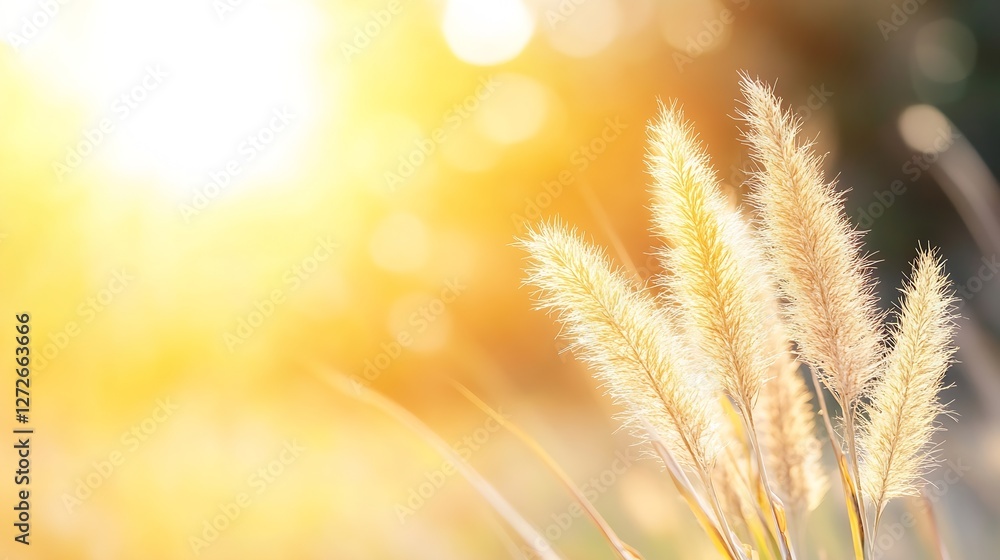 Aufkleber golden sunshine glow on soft pampas grass with blurred background for tranquil nature scenes : gener