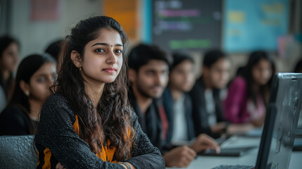 Indian Female Coding Mentor Explaining Programming with Visual Aids to Enthusiastic Tech Students