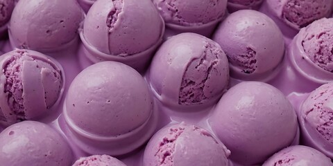 Ube ice cream background texture,Two velvety scoops of ube ice cream rest in a white bowl, with steam rising, set against a clean, rich purple backdrop for an inviting treat,786