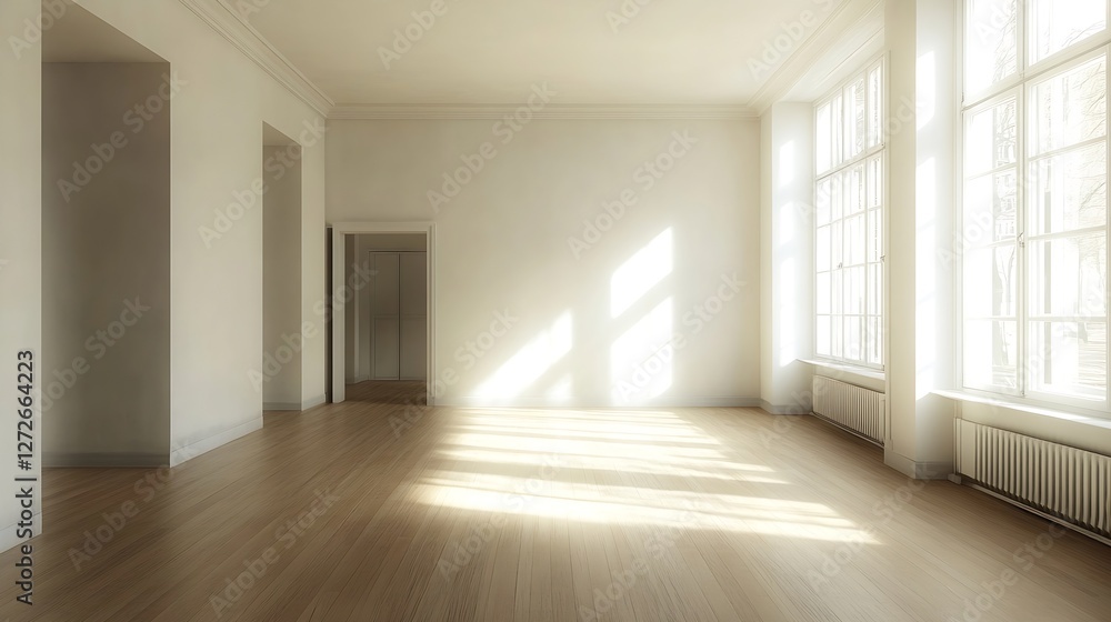 Aufkleber Bright and Spacious Room with Natural Light Streaming Through Large Windows : Generative AI
