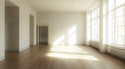 Bright and Spacious Room with Natural Light Streaming Through Large Windows : Generative AI