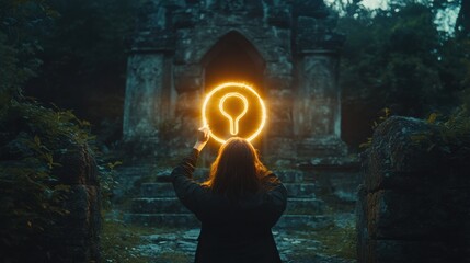 A woman holding a coat hanger symbol. In front of an ancient stone wall with vines creeping up