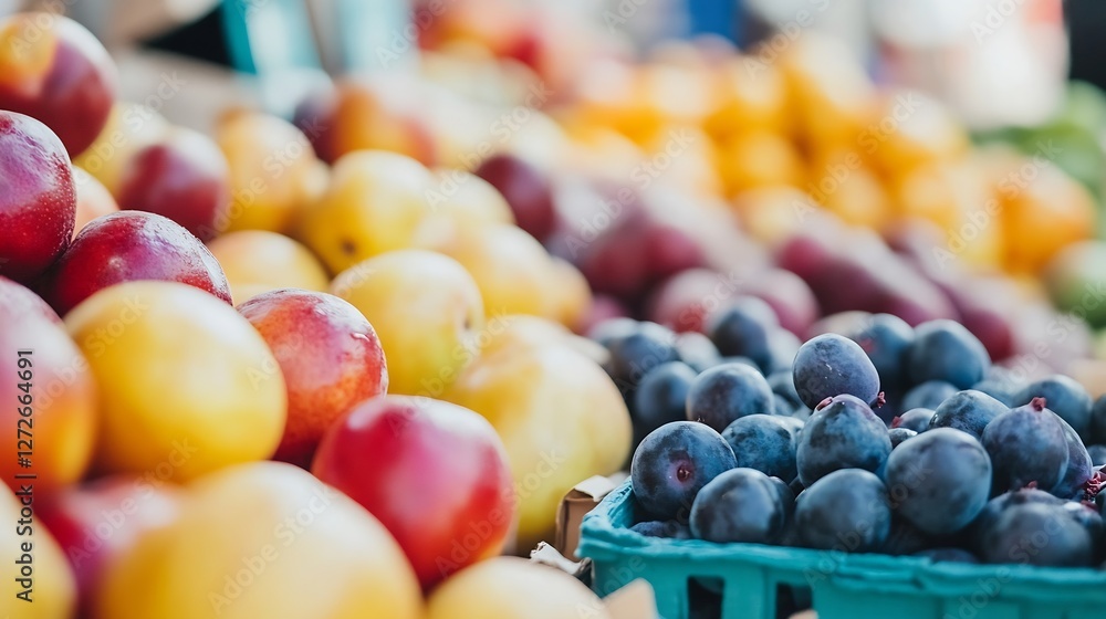 Poster fresh market stalls displaying colorful fruits including apples pears and plums in a vibrant outdoor