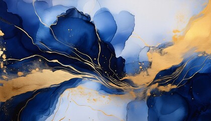 Ethereal Abstract in Blue and Gold: An artistic rendering, an abstract composition showcasing swirling shades of sapphire, navy, and glistening gold.