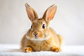 Obraz premium Tan Rabbit with White Paws, Low Light Studio Shot, White Background