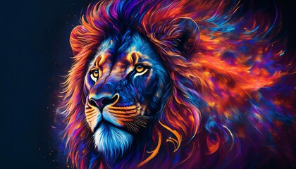 Majestic Burst: An artistic, vibrant depiction of a lion's head exploding with colorful hues, radiating power and regal essence.