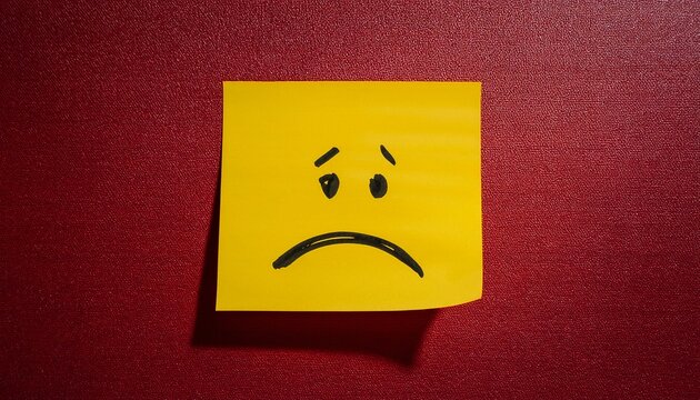 Note of Sadness: A close-up shot of a yellow sticky note with a hand-drawn sad face on a dark red background, evoking feelings of sadness and despondency. 