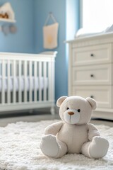 Adorable Plush Teddy Bear Sitting in a Cozy Nursery Room with Baby Crib and Soft Carpeting : Generative AI