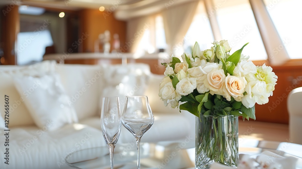 Poster elegant flower arrangement with roses and greenery in a bright interior setting : generative ai