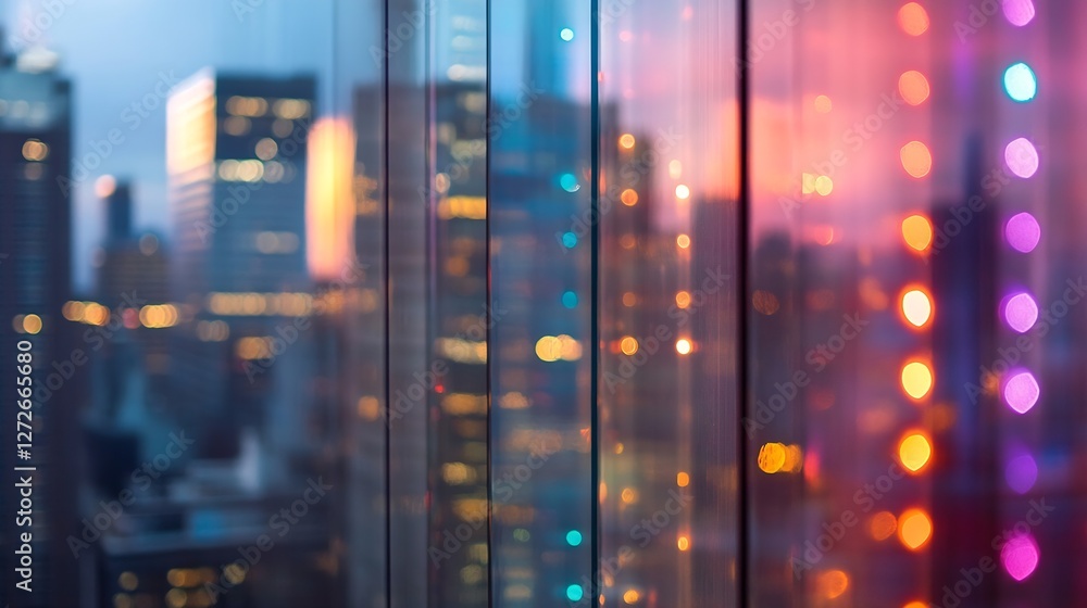 Aufkleber vibrant city skyline at twilight with colorful reflections from illuminated buildings : generative a