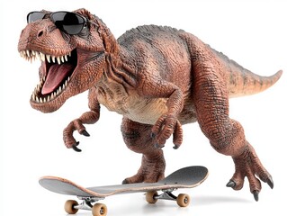 A playful dinosaur figure wearing sunglasses rides a skateboard indoors, showcasing fun
