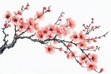 Beautiful pink plum blossoms watercolor, sakura isolate on white background., spring concept