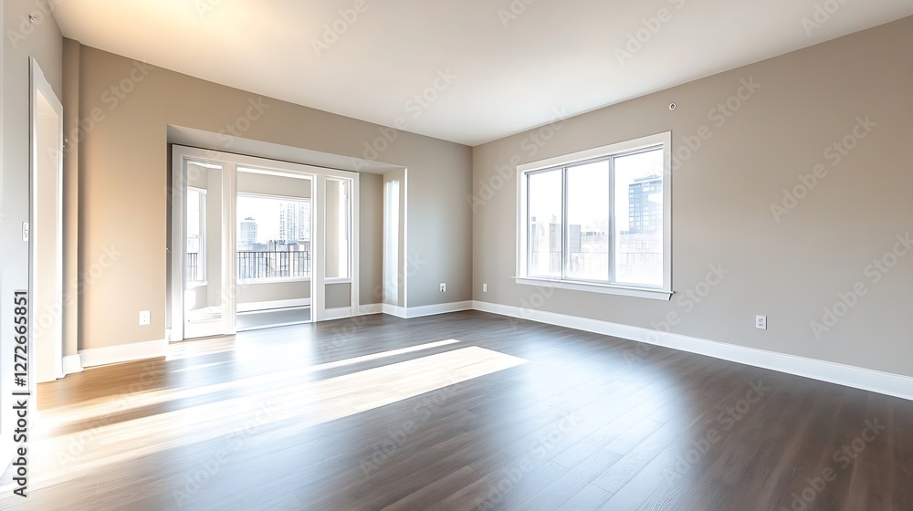 Poster spacious empty living room with large windows and natural sunlight streaming in : generative ai