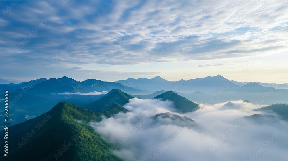 Poster breathtaking aerial view of mountain range surrounded by misty clouds : generative ai