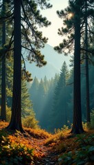 Fototapeta premium Forest landscape with tall trees, green pine branches, and golden leaves in the foreground, landscape, nature