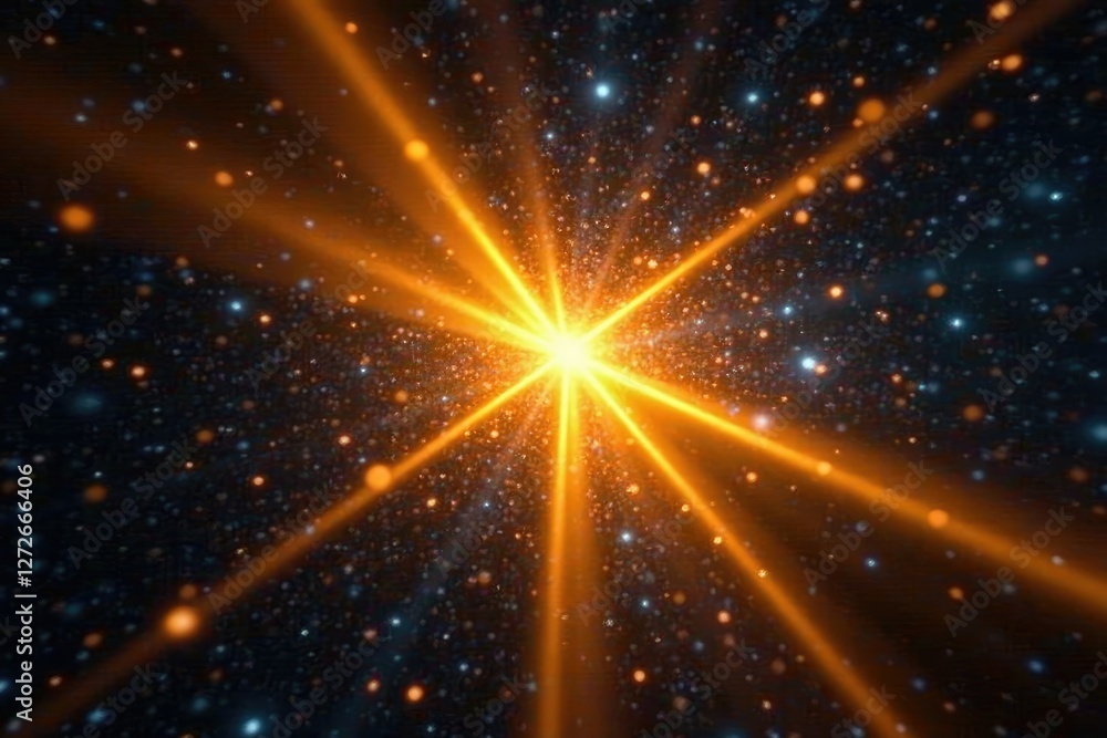 Poster four yellow rays extend from a central point into space, abstract geometry, illumination