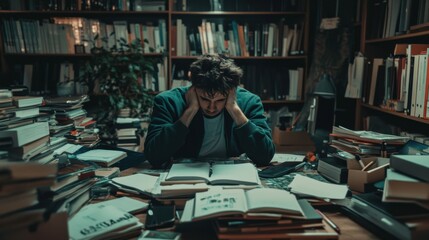 Frustrated student overwhelmed by books and study materials at desk