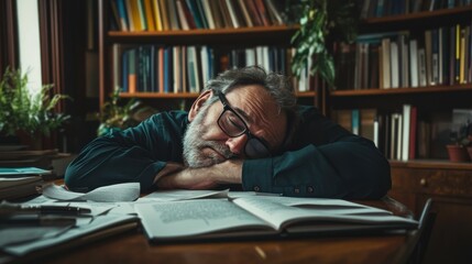 Tired Scholar Resting on Books with Disheveled Workspace