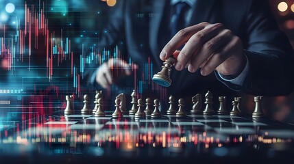 Business Executive Strategizing Moves in Chess with Financial Charts in Background for Corporate Imagery