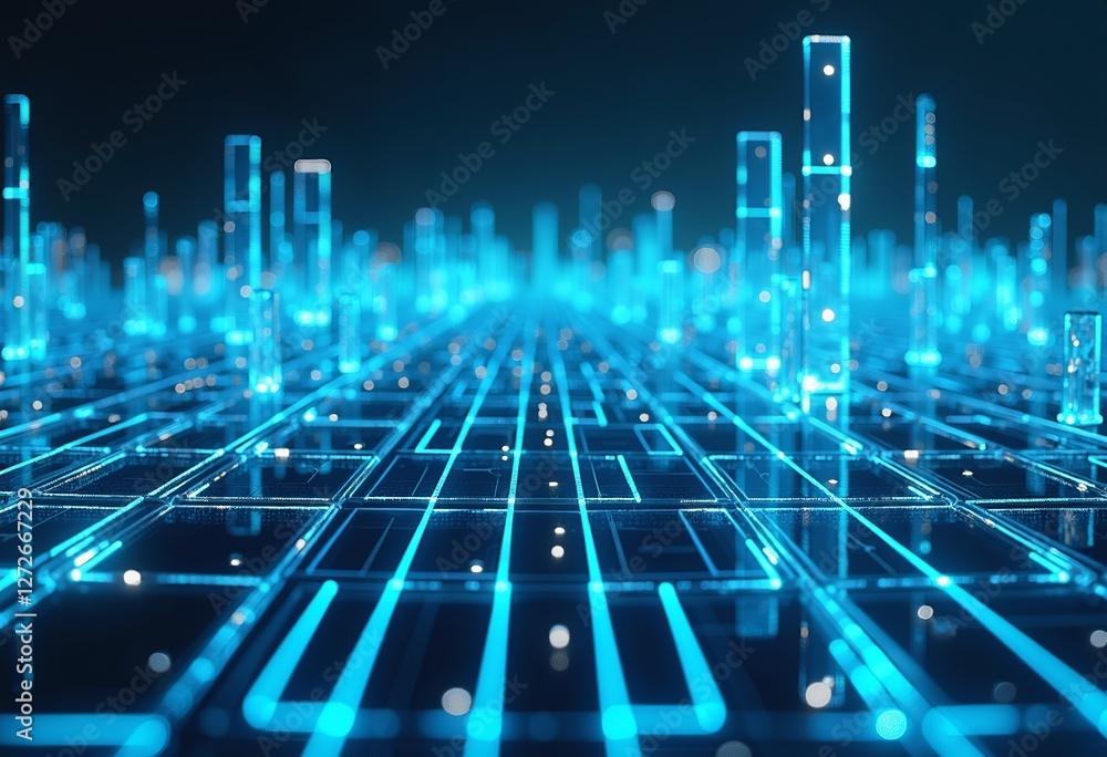 Poster digital city data flow: abstract background with glowing blue and white lines flowing over a transpa