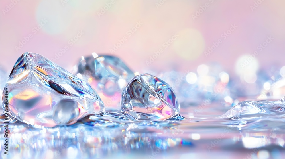 Poster beautiful crystal clear ice cubes on a reflective surface with colorful sparkles : generative ai