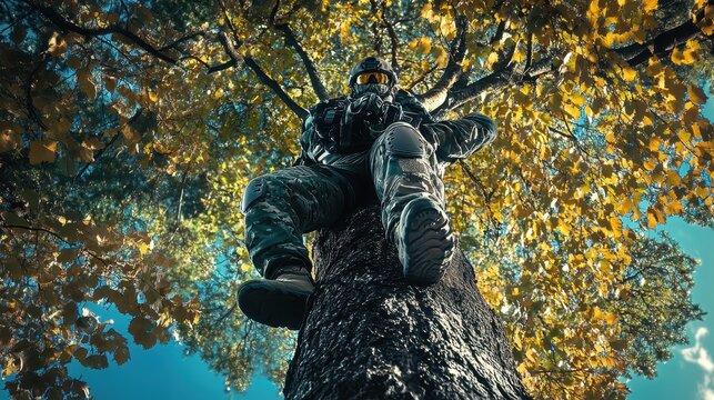 Soldier Rests High In Autumn Tree Canopy