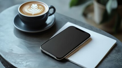 A smartphone placed next to a cup of coffee and a notepad. Featuring work-life imbalance and phone dependency
