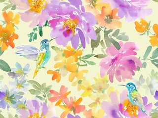 A seamless pattern of an abstract hummingbirds, peonies and spring flowers painted in watercolor. A hand-painted floral and bird wallpaper.