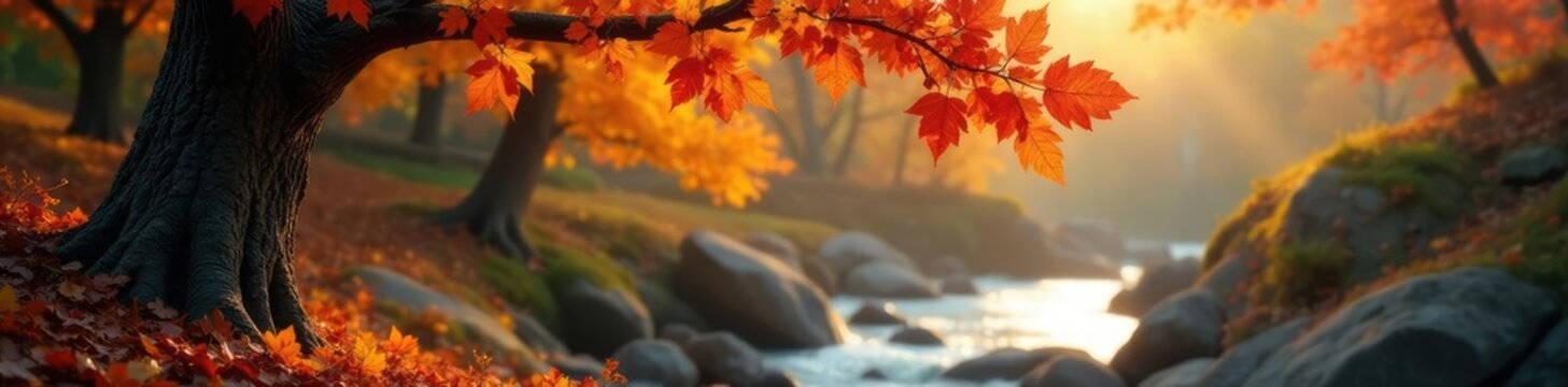 Amber hues of autumn linger on the tree branches, rock, autumn leaves, landscape