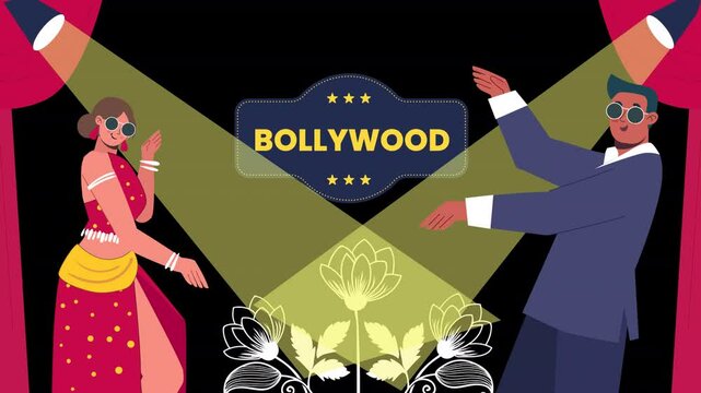 Vector scene animation showcasing elements of Bollywood, with vibrant characters, dance sequences, and cultural aspects of Indian cinema depicted in a lively and dynamic setting.