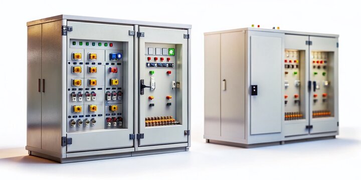 Tilt-Shift Photo: Two Industrial Electrical Control Cabinets - Different Designs, Isolated