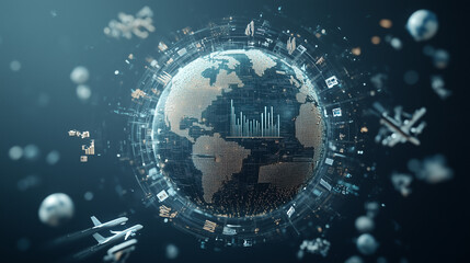 Obraz premium Global Connectivity: A stunning digital representation of our interconnected world, showcasing the flow of information, transportation, and technology across continents. 