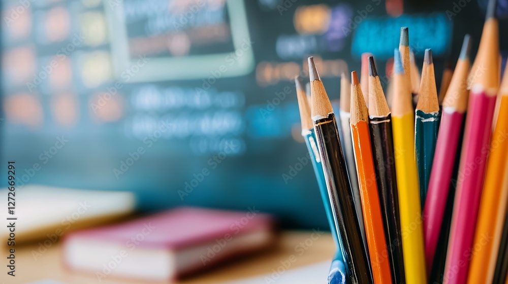 Poster colorful assorted pencils in a classroom environment ready for creativity : generative ai