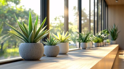 Fototapeta premium Sunlit Succulents Arranged On A Windowsill