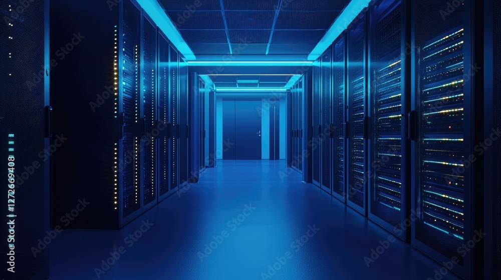 Poster Modern data center with illuminated server racks, symbolizing cybersecurity, cloud computing, and digital storage. Ideal for IT, AI, and networking visuals