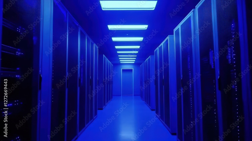 Poster Futuristic data center with illuminated server racks and blue lighting, emphasizing digital security and cloud computing. Ideal for IT, networking, and AI-related visuals